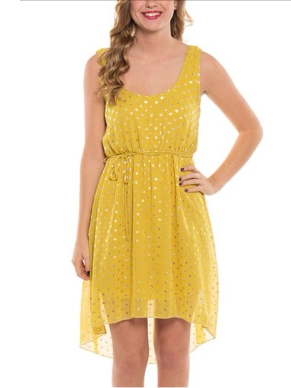 CHIC SUNDRESS Coveted Saffron & Gold Metallic Polka Dot Chiffon High-Low Dress L - Picture 4 of 10